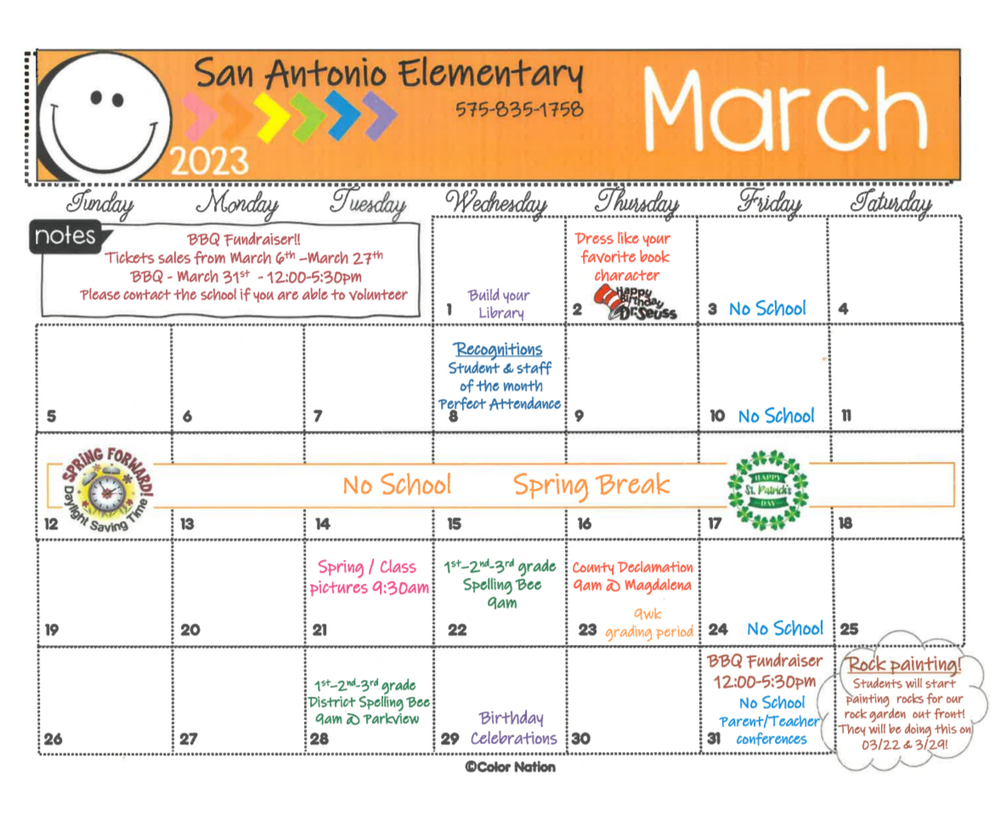 March Student Calendar